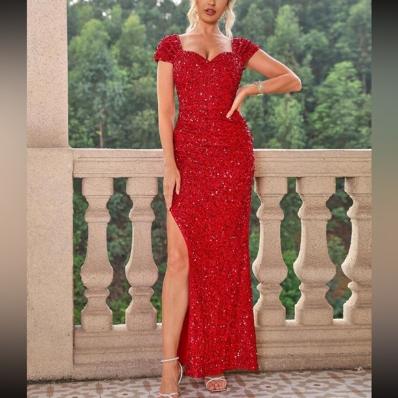 Luxe sweetheart neck slit thigh party formal sequins dress - Picture 6 of 16